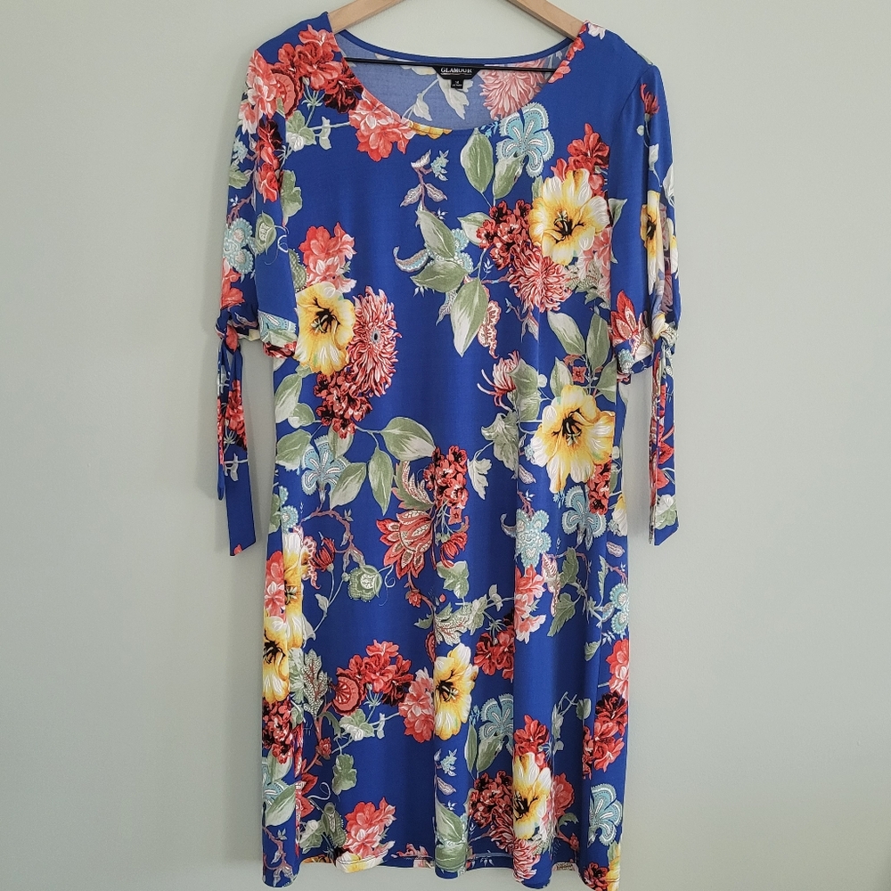 Glamour Dress Womens Size 14 Blue Colorful Floral Stretch Sheath Vacation
